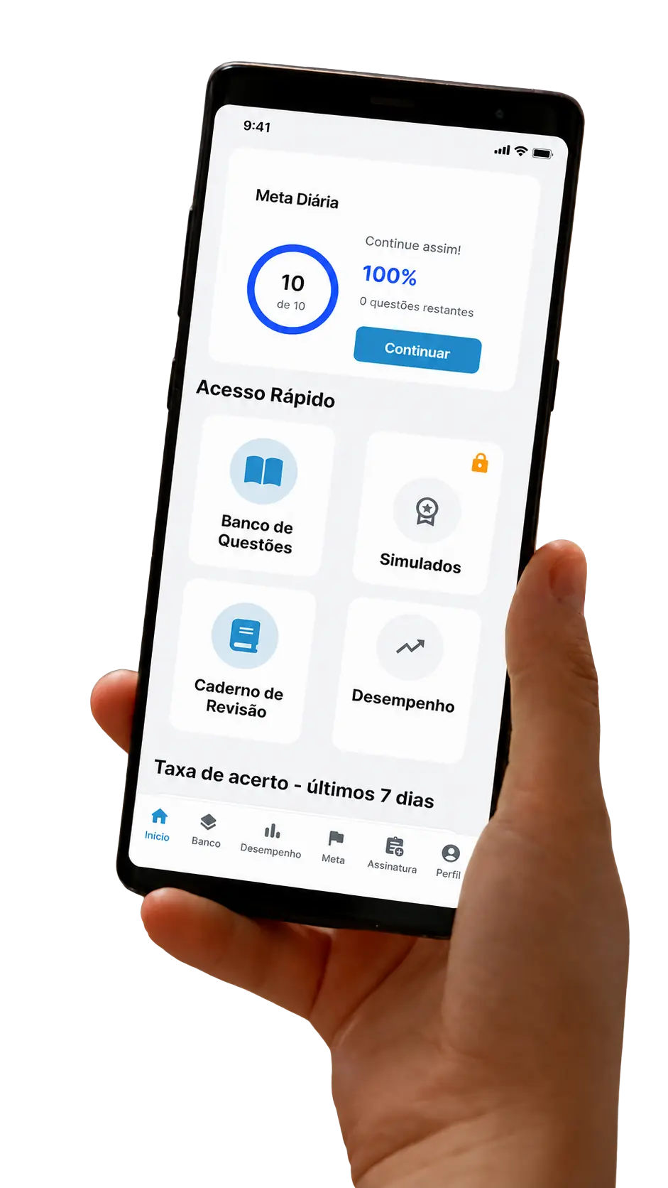 Tela real do aplicativo GabaritIA com meta diária, banco de questões, simulados, Caderno de Revisão e desempenho